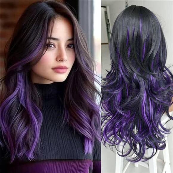 Layered Wavy Wigs with Curtain Bangs for Women, Dark Purple Highlight - Picture 1 of 7